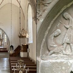 En liggande bild med två motiv. Den ena är en interiör från Hablingbo kyrka. Det andra visar kyrkans nordportal med uthuggna figurer i relief