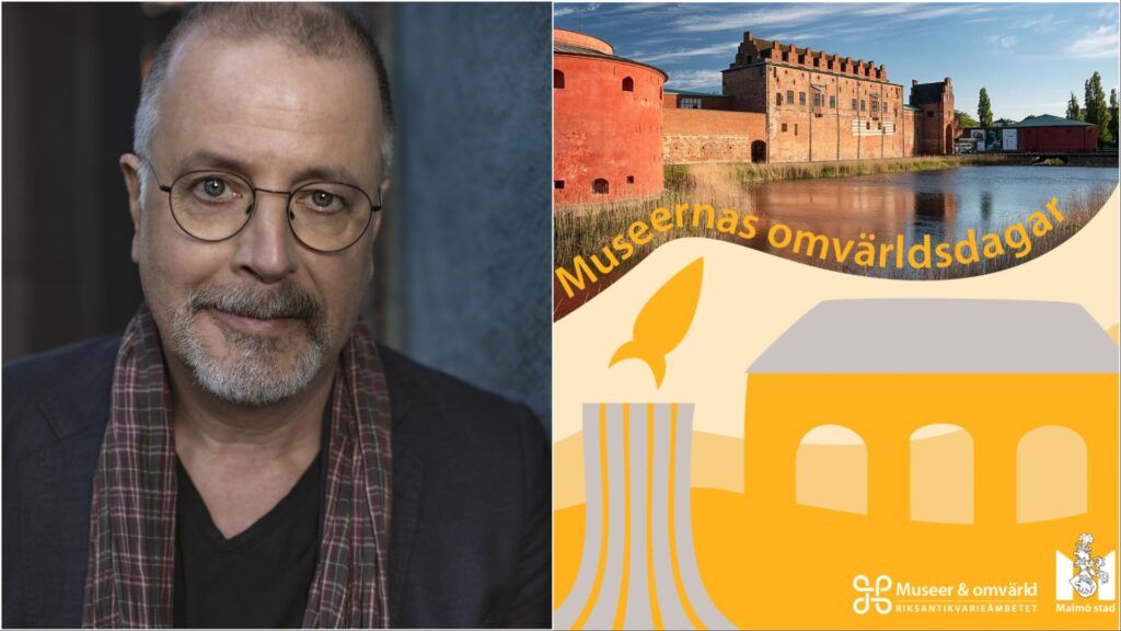 Tvådelad bild: till vänster porträttfoto på man med glasögon och scarf; till höger foto och illustration med texten "Museernas omvärldsdagar".