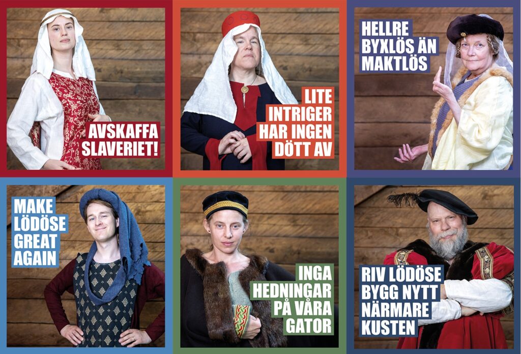 Kollage med sex porträttbilder, utformade som valaffischer, föreställande människor i medeltidskläder.