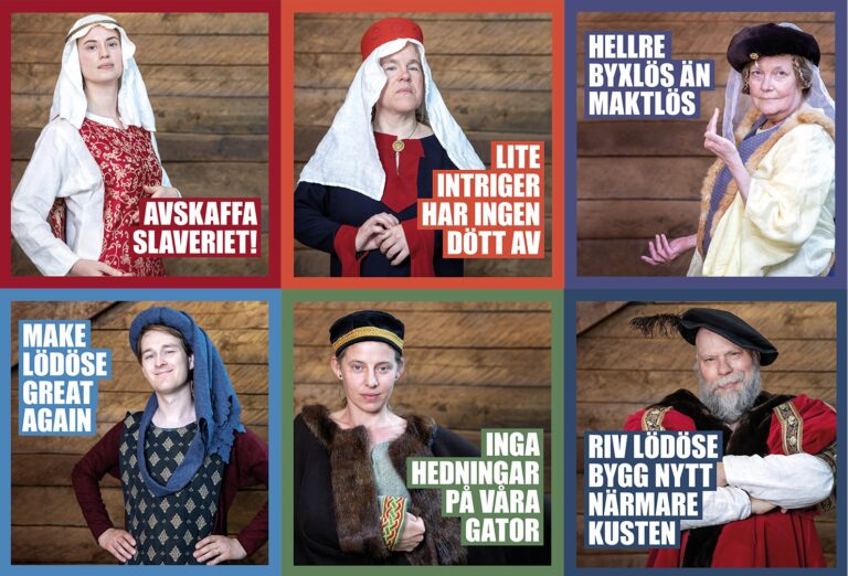 Kollage med sex porträttbilder, utformade som valaffischer, föreställande människor i medeltidskläder.