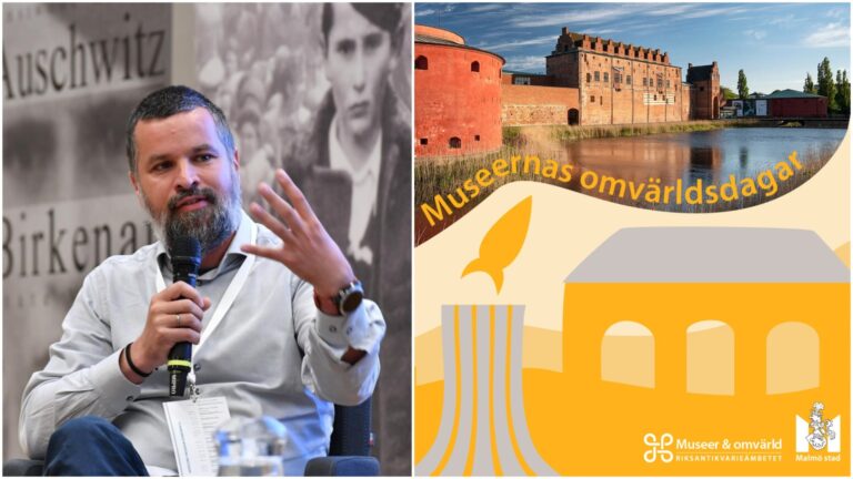 Tvådelad bild: Till vänster man håller i mikrofon och gestikulerar med andra handen, till höger foto och grafik med texten Museernas omvärldsdagar.