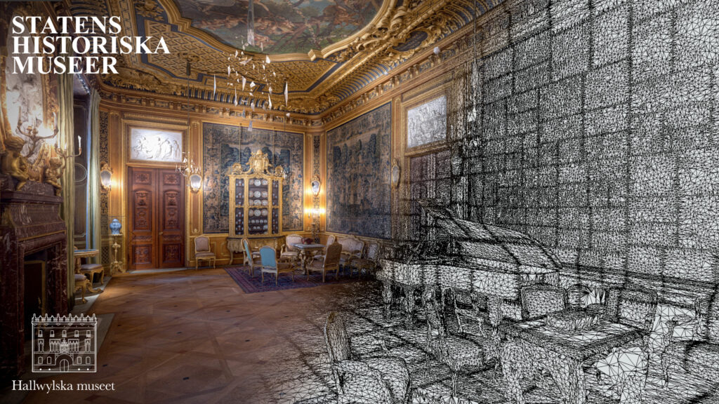 Foto kombinerat med svartvit skiss av Hallwylska interiör, kulturhistoriskt rum med bord, stolar, flygel, väggmålningar och väggornamentik.