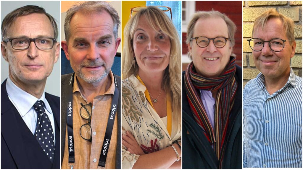 Kollage med fem porträttfotografier: fyra män och en kvinna.