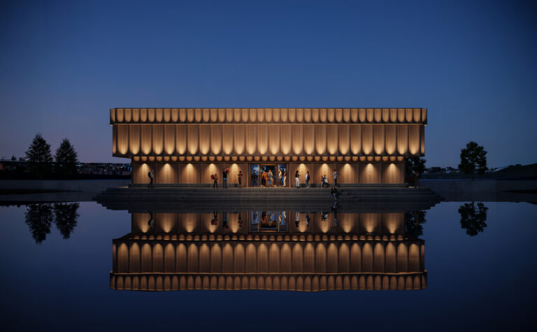 Illustration av museum vid vatten i kvällsljus