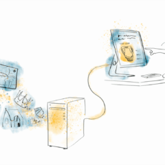 Illustration som visar hur digitaliserat kulturarvsmaterial, såsom dokument, kartor, fotografier och föremål, lagras i ett digitalt system och används av personer som söker och tar del av information via en dator.