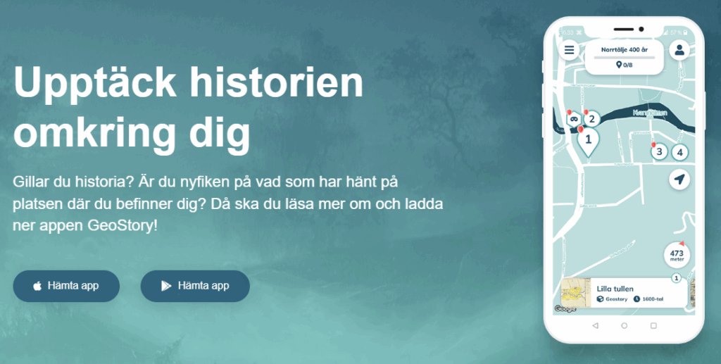 En blågrön webbsida med vit text.