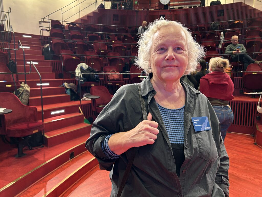 Kvinna med grått hår i en teatersalong