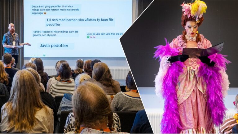 Tvådelat foto: till vänster en man som föreläser framför en projektion som visar hatiska kommentarer; till höger en sagoläsande dragqueen.