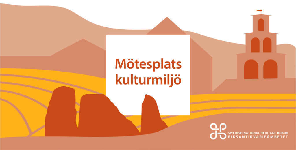 Ett stiliserat landskap med byggnader, åkrar och fält i Riksantikvarieämbetets profilfärger med nyanser av rött och gult.